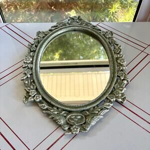 Vintage Cast Iron Vanity Mirror Bird Floral Tabletop or Wall Mirror